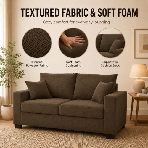 69'' Loveseat Sofa,Modern Fabric 2-Seater Sofa with 2 Pillows(Coffee) | Small Couches for Living Room, Office,Apartment, Small Spaces,21 in Deep Seat - color: 1