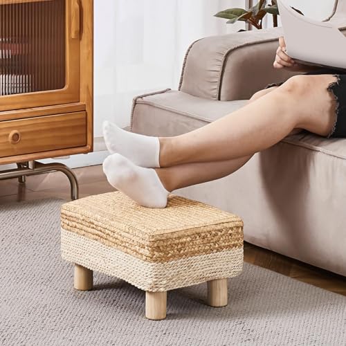 Wimarsbon Natural Seagrass Footstool Ottoman Rectangular Footrest Pouf Ottomans with Wooden Legs Hand Weave Step Stool for Living Room Bedroom Entryway White - color: White, size: 12"D x 16.5"W x 9.5"H