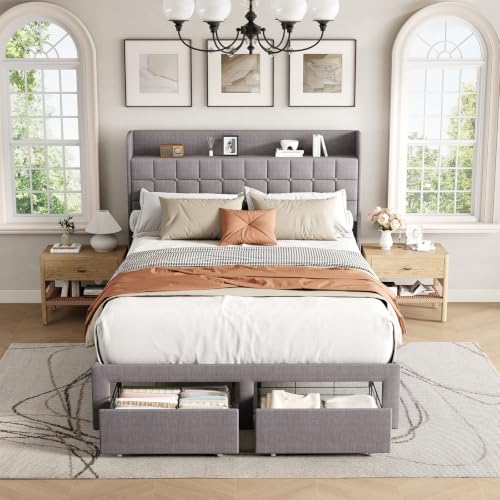 DUMOS Full Bed Frame, Upholstered Platform Bed Frame with Storage Drawers | Full Size Bed Frame With Storage Drawers, with Headboard, Wood Bed Slats Support 882 lbs, No Box Spring Needed, Grey - color: Dark Gray, size: Full (U.S. Standard)