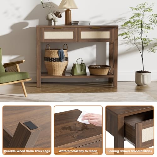 Boho Chic Console Table with 2 Rattan Drawers and Open Shelf Storage, Narrow Farmhouse Sofa Table for Small Space Entryway, Living Room,Hallway,Walnut - color: Walnut