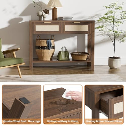 Boho Chic Console Table with 2 Rattan Drawers and Open Shelf Storage, Narrow Farmhouse Sofa Table for Small Space Entryway, Living Room,Hallway,Walnut - color: Walnut