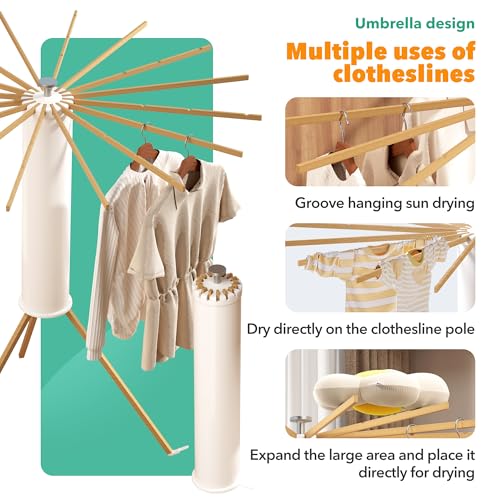 Heavy-Duty Wooden Tripod Clothes Drying Rack, 16 Rods, Large Capacity, 360° Airflow Umbrella Dryer, Foldable Space-Saving Floor Stand for Indoor Outdoor Use