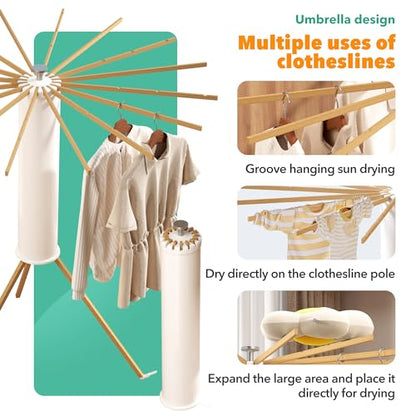 Heavy-Duty Wooden Tripod Clothes Drying Rack, 16 Rods, Large Capacity, 360° Airflow Umbrella Dryer, Foldable Space-Saving Floor Stand for Indoor Outdoor Use