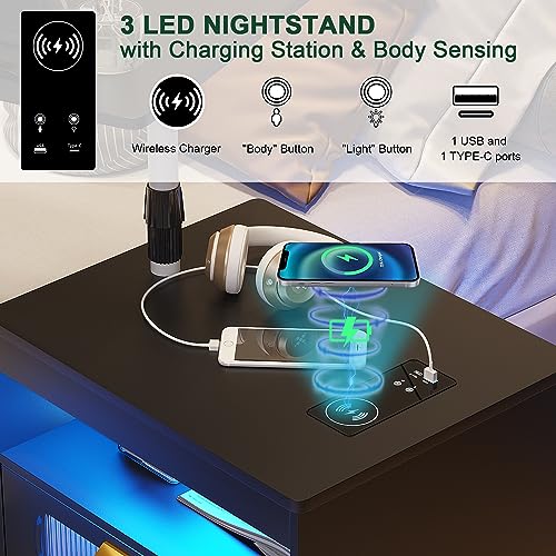 HNEBC LED Nightstand Set of 2 with Charging Station & Adjustable Overbed Desk, 3 Color LED Lights & Body Sensor, Mobile Bedside Table with Wheels, 2 Drawers & Open Shelf for Bedroom (Black) - color: 9603-2-black
