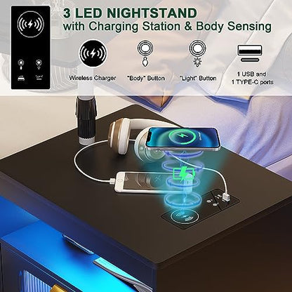 HNEBC LED Nightstand Set of 2 with Charging Station & Adjustable Overbed Desk, 3 Color LED Lights & Body Sensor, Mobile Bedside Table with Wheels, 2 Drawers & Open Shelf for Bedroom (Black) - color: 9603-2-black