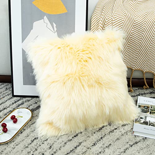LIGICKY Luxury Series Soft Faux Fur Throw Pillow Cover Decorative Square Plush Pillow Case Cushion Cover for Couch Sofa Bed, 16" x 16" Light Yellow - color: Pale Yellowish, size: 16" x 16" (Pack of 1)