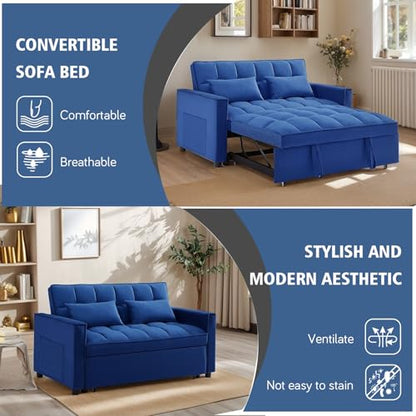 3 In 1 Velvet Convertible Sofa Bed, Pull Out Couch Bed with Reclining Backrest And 2 Pillows, 54" Full Size Loveseat Sleeper Sofa Futon Couch Beds, Couches For Small Spaces, Living Room (Dark Blue) - color: Dark Blue