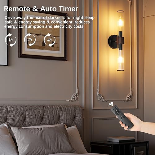 Morauroral Black Walnut Battery Operated Wall Sconces Set of 2, Rechargeable Wall Lights with Remote, 20 Inch Modern Wireless Wall Lamp for Bedroom, Living Room with White Shade (Bulbs Included) - color: Black Walnut