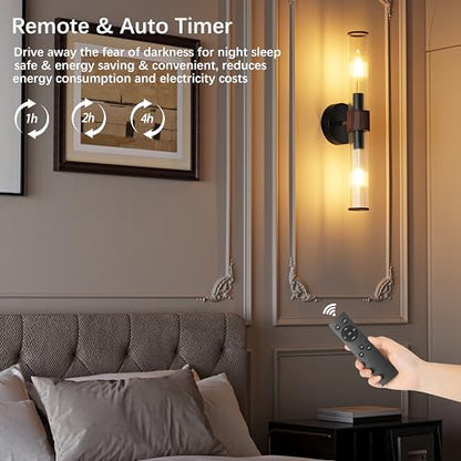 Morauroral Black Walnut Battery Operated Wall Sconces Set of 2, Rechargeable Wall Lights with Remote, 20 Inch Modern Wireless Wall Lamp for Bedroom, Living Room with White Shade (Bulbs Included) - color: Black Walnut