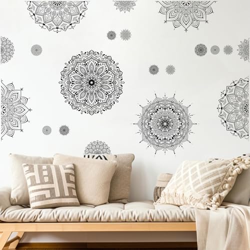 Kazova Large Mandala Wall Sticker Black Peel and Stick Art Murals Boho Mandala Decals for Bedroom Living Room Farmhouse Yoga Home Decoration - color: Black Big