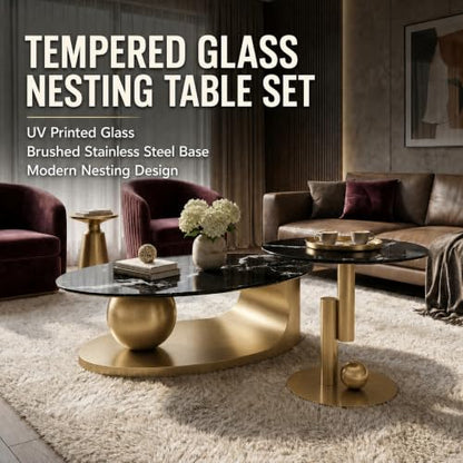 FT Global 2-Piece Nesting Coffee Table Set, 47.2-Inch Oval Coffee Table with 19.7-Inch Round End Table, Black UV-Printed Tempered Glass Tops, Brushed Gold Stainless Steel Bases