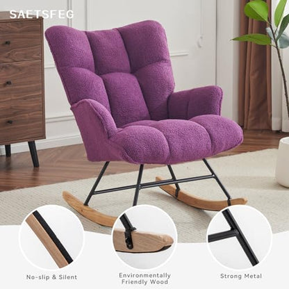 Rocking Chair Nursery Teddy Upholstered Glider Rocker Rocking Accent Chair Padded Seat with High Backrest Armchair Comfy Side Chair for Living Room Bedroom Offices (Purple Teddy) - color: Grape Purple