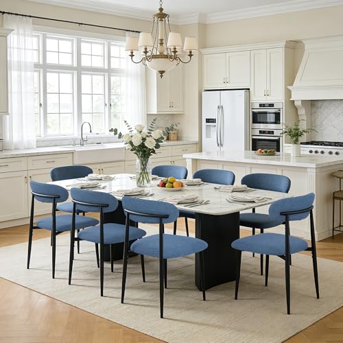 FREKEN Modern Upholstered Dining Chairs Set of 8, Mid-Century Metal Frame Linen Fabric Side Chair for Kitchen Dining Room, 350lbs Capacity, Blue - color: Blue - Black Legs, size: Set of 8