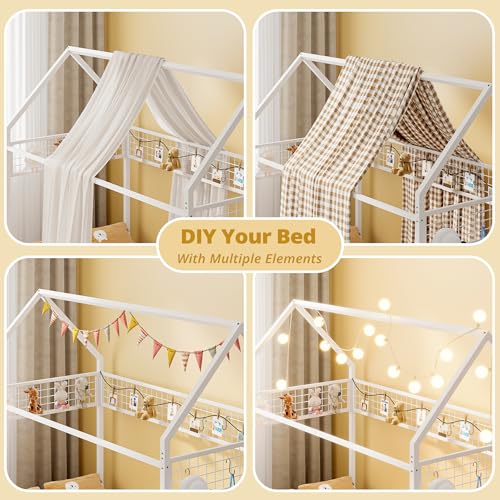 IRONCK Twin Floor Bed Frame with Fence Guardrails and Roof, White | Metal House Bed with Hanging Mesh, No Box Spring Needed, Easy Assembly, Anti-tipping Device - color: White