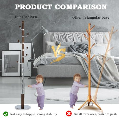 Coat Racks FreeStanding with 11 Hooks, Natural Wood Coat Rack with Solid Round Base, Adjustable Height Coat Racks, Easy Assembly for Hallway, Bedroom and Office (Walnut Metal) - color: Walnut Metal