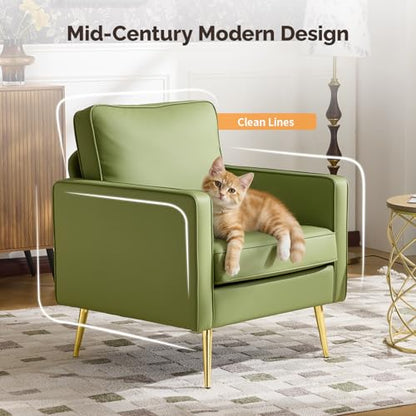 VINGLI Modern Accent Chair, Upholstered Faux Leather PU Armchair with Thick Cushion & Metal Legs, Comfortable Reading Chair for Living Room, Bedroom, Office, Green