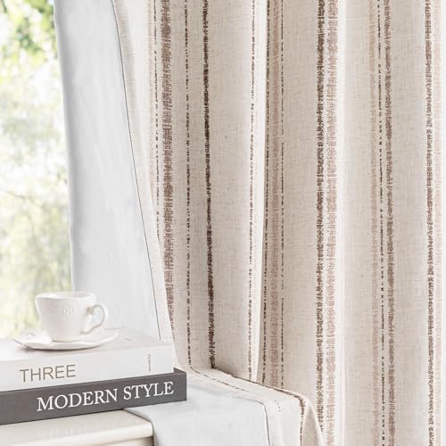 MYSKY HOME Farmhouse Taupe Striped Curtains 100% Blackout for Bedroom 84 Inches Long Tan Ticking Stripe Pinstripe Rustic Linen Blended with Blackout Layer Drapes, Grommet, 2 Panels, 52" Wide - color: Taupe/Blackout, size: 52"W x 84"L (Pack of 2)