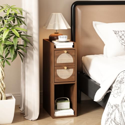 Narrow Nightstand (Rattan & Wood) - Small Bedside Table with 2 Drawers, Open Shelf, Mid Century Modern End Table - for Bedroom, Living Room & Small Spaces, Walnut - color: Walnut, size: 7.9"W (1 Pc)