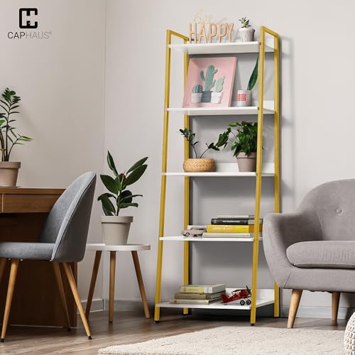 CAPHAUS 5 Tier Ladder Bookshelf, 24 Inch Width Free Standing Shelf, Bookcase Shelf Storage Rack Organizer, Industrial Book Shelves for Home Office, Living Room, Kitchen, White Shelves & Gold Frame - color: Gold, size: 5-Tier