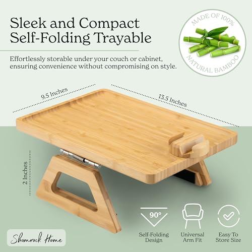 Bamboo Couch Arm Table with Device Holder, Clip On Tray. for TV Dinners, Remotes, Drinks, Snacks and Small Spaces (Rectangular with Device Holder, Beige, Regular 13.75 x 9.5) - color: Beige, size: Regular 13.75 x 9.5", style: Bamboo Rectangular with Devic