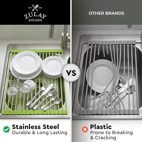 Zulay Kitchen Large Roll Up Dish Drying Rack - Heavy Duty Silicone Wrapped Steel Rods Over Sink Dish Drying Rack - Versatile Roll Up Sink Drying Rack & Trivet - Green,20.5 inches x 13 inches - color: Mint Green