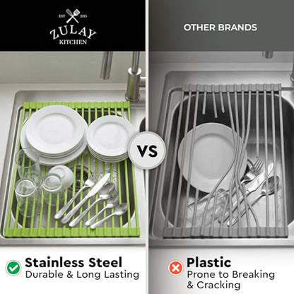 Zulay Kitchen Large Roll Up Dish Drying Rack - Heavy Duty Silicone Wrapped Steel Rods Over Sink Dish Drying Rack - Versatile Roll Up Sink Drying Rack & Trivet - Green,20.5 inches x 13 inches - color: Mint Green