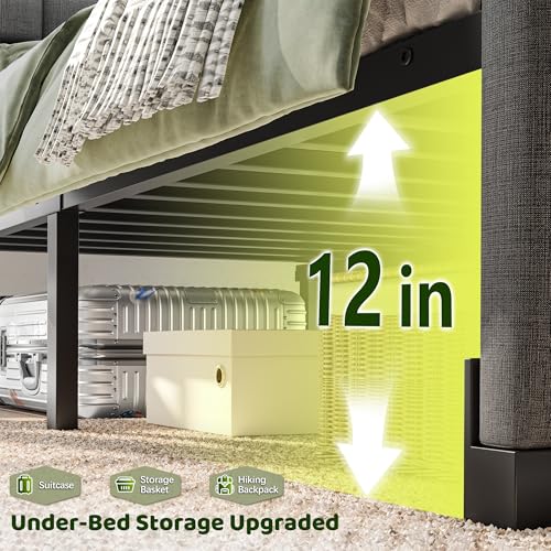 EnHomee King Upholstered Bed Frame with Charge Station & LED Lights, Grey | 2-Tier Shelves Headboard, 12" Under-Bed Storage Space, Noise-Free, No Box Spring Needed, Easy Assembly - color: Grey, size: King (U.S. Standard)