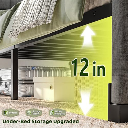 EnHomee King Upholstered Bed Frame with Charge Station & LED Lights, Grey | 2-Tier Shelves Headboard, 12" Under-Bed Storage Space, Noise-Free, No Box Spring Needed, Easy Assembly - color: Grey, size: King (U.S. Standard)