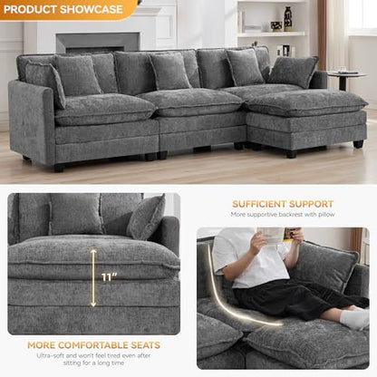 111'' Sectional Cloud Deep Seat Couch, Modern Comfy Chenille L Shaped Sectional Sofa for Living Room Set, Upholstered Modular 4-Seats Sofa Couch with 1 Movable Ottoman, Grey - color: Grey, size: 111'' L Shape
