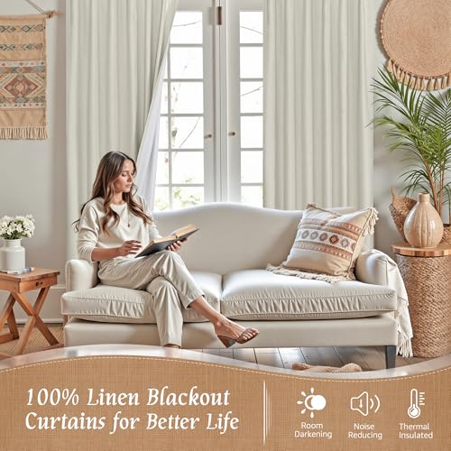 100% Blackout Linen Curtains for Bedroom 45 Inches 2 Panels, Stone | Linen Textured Thermal Window Drapes, Room Darkening, Privacy, Rod Pocket Back Tab Panels, with White Liner, 38 x 45 Inch - color: Stone, size: 38"W x 45"L (Pack of 2)