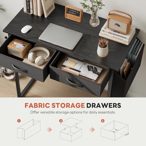 DUMOS 32" Home Office Computer Desk with Drawers, Small Gaming Writing Study Table with Storage Side Bag, Headphone Hook and Adjustable Feet for Bedroom Black | Home Office Desk with Side Bag for Bedroom, Gaming Writing Study Desk with Adjustable Feet - c