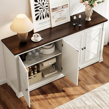63 Inches Buffet Cabinet with Storage, Large Sideboard Cabinet with 4 Barn Doors, Adjustable Shelves, Wood Coffee Bar Station for Kitchen, Living Room, Off White - color: Off White