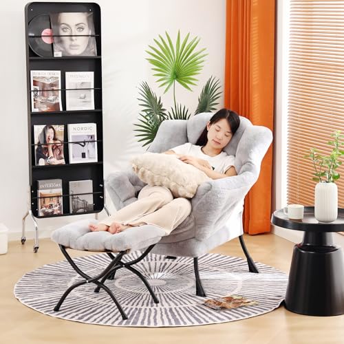 Lazy Chair with Ottoman, Plush Reading Chair with Pillow，Grey | Removable machine-washable cover; includes an extra throw pillow; cozy accent chair for living room, bedroom, dorm or office - color: Plush Light Grey