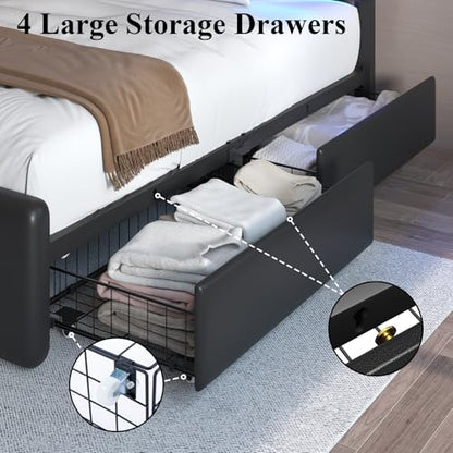 Twin Size Bed Frame with 4 Storage Drawers, Upholstered Headboard, Black | Modern Bed, Charging Station, LED Light, Adjustable Height Headboard, Noise-Free, No Box Spring Needed, Easy Assembly - color: Black, size: Twin