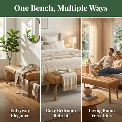 HNY Brown PU Leather Upholstered Bench,45.5 Wood Window Bench | Entryway Bench Storage Bench Bedroom Bench Modern Tufted Floating Design Seat for Living Room Indoor Hallway - color: Brown Pu