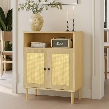 Boho Accent Cabinet with Rattan Doors, Small Sideboard Buffet, Oak | Small Sideboard Buffet Cabinet for Entryway, Living Room, Kitchen Coffee Bar - color: Oak
