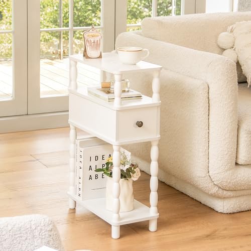 MaxSmeo White Narrow End Table, Small Side Table Living Room, Skinny Bedside Table Nightstand with Drawer for Small Spaces, Bedroom (White) - color: White