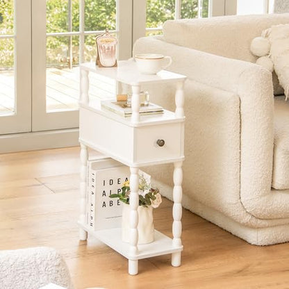 MaxSmeo White Narrow End Table, Small Side Table Living Room, Skinny Bedside Table Nightstand with Drawer for Small Spaces, Bedroom (White) - color: White