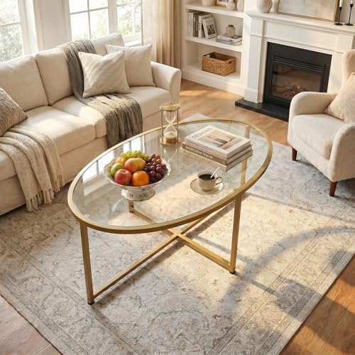 Wolawu Coffee Table Gold Oval Glass Coffee Tables for Living Room,Modern Gold Metal Frame Tea Tables for Small Space, Tempered Glass Top Center Table with Stable Cross Base for Bedroom, Office,Balcony - color: Gold Glass