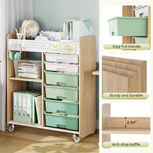 Rolling Craft Cart with 6 Drawers, Pegboard and Locking Wheels Green | Ample multi-zone storage, 2 open shelves, art cart for classrooms, homeschool and offices, sturdy wood-metal frame - color: Green