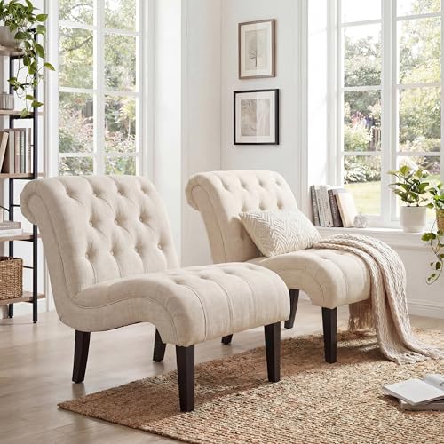 Accent Chairs Set of 2 Mid Century Modern Tufted Upholstered Chair for Living Room Bedroom Curved Armless Side Chairs with Wood Legs Linen Fabric - color: Cream, size: 2 Chairs