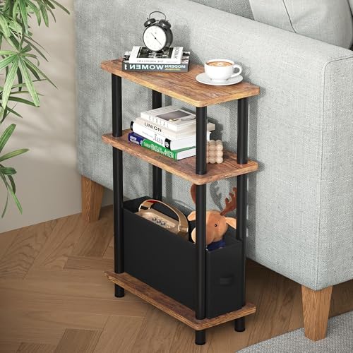 Apicizon Narrow Side Table with Fabric Basket, 3-Tier End Table,Brown Black | Sofa Side Table, Wood Storage Shelf, Slim Nightstand, Skinny Bedside Table for Narrow Spaces, Living Room, Bedroom - color: Rustic Brown and Black, style: Narrow Side Table with