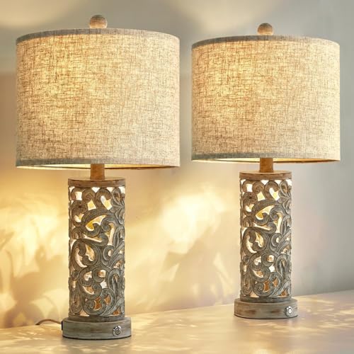 Bedside Table Lamps Set of 2 with USB & Night Light, 22'' Dimmable Touch Lamps for Nightstand, Farmhouse Lamps for Bedroom Living Room Home Offce (Bulb Included) - color: Rustic Grey