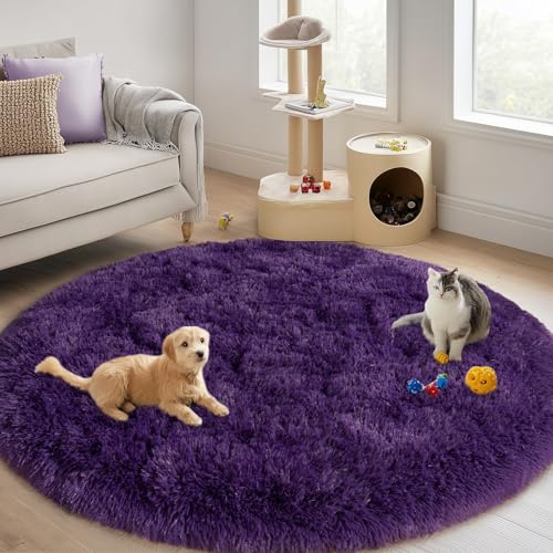5ft Fluffy Dark Purple Round Rug for Bedroom, Washable Non-Slip | Soft Shag Purple Circle Rug for Kids Room Dorm Living Room Home Decor, Thick Memory Sponge, Flame Resistant - color: Dark Purple, size: 5' (Round)