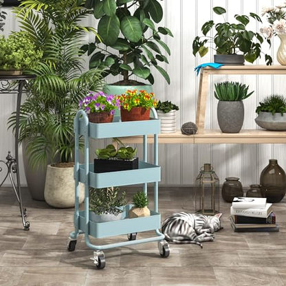 Metal Rolling Cart,3-Tier Metal Rolling Cart with Wheels,3 Tier Utility Cart with Wheels for Office,Home,Kitchen,Garden（13.4"x18.1"x31"） Blue - color: Blue, size: 31"H