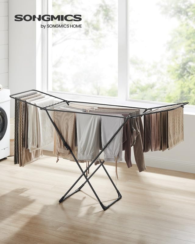 SONGMICS Clothes Drying Rack, Foldable, Heavy Duty, 2 Gullwings | Laundry Drying Rack for Hanging Clothes, Ink Black, BUNJI Collection ULLR540B01 - color: Black, style: 2 Gullwings（19.7"D)