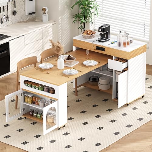 Extendable Dining Table with Extra-Long Folding Top, Rolling Kitchen Island with Storage Cabinet, Drawers & Brake Lock, Sturdy Mobile Cart for Kitchen, Dining Room & Open Spaces(Creamy White+Natural2) - color: Creamy White+natural2