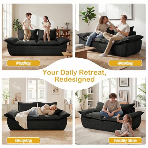69" Boneless Couch, 3-Seater Oversized Boneless Loveseat Sofa with Removable Cushions & 3 Pillows, Deep Seat Compress Foam Sofa for Living Room, Apartments, & Office - color: Black, size: 3 Seater (69")