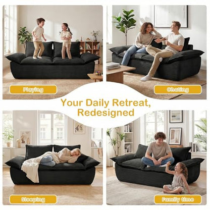 69" Boneless Couch, 3-Seater Oversized Boneless Loveseat Sofa with Removable Cushions & 3 Pillows, Deep Seat Compress Foam Sofa for Living Room, Apartments, & Office - color: Black, size: 3 Seater (69")