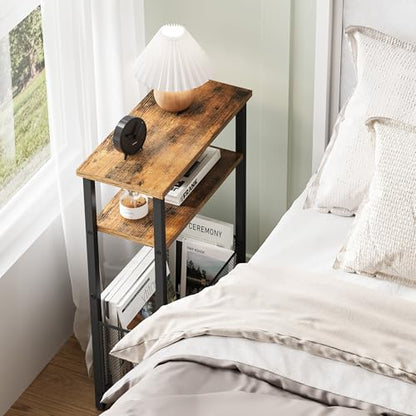 MMEOLUOOK Narrow Side Table with Storage Basket Skinny End Tables for Smalls Spaces 3 Tier Sofa Table Small Nightstand Slim Bedside Table for Living Room Bedroom Rustic Brown MLBZ22RB - color: Rustic Brown